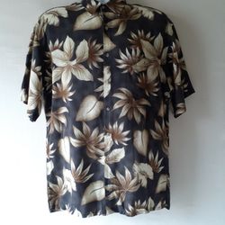 Campia Moda men's beige brown short sleeve button down Hawaiian shirt size M