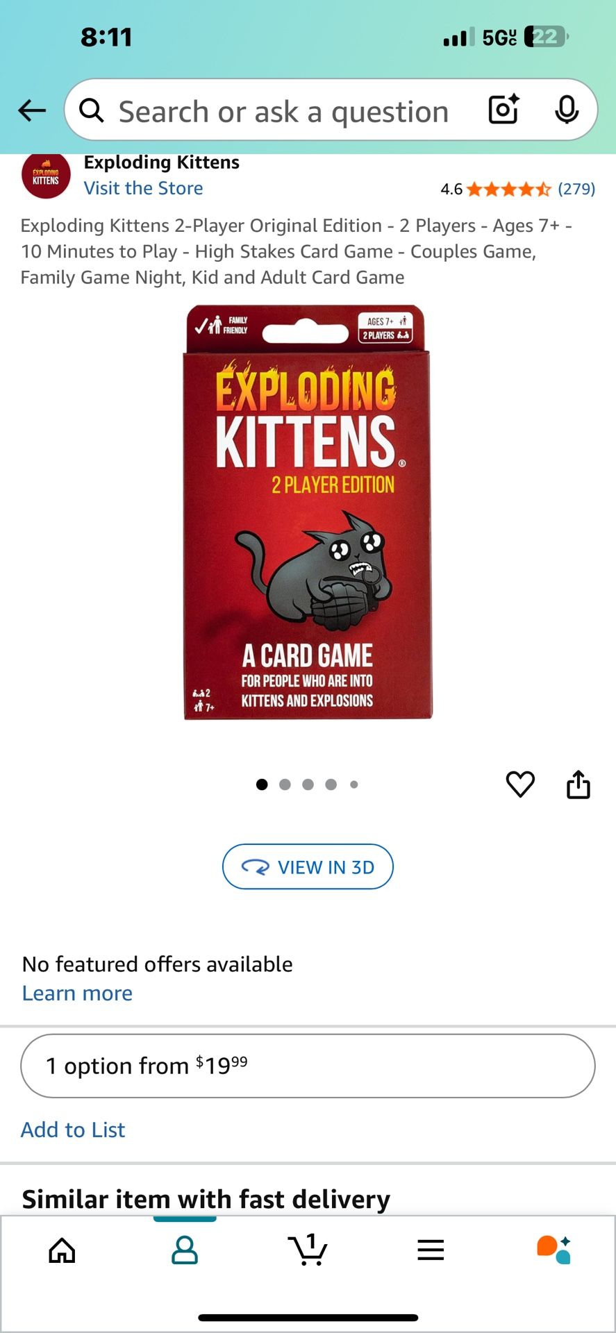 Exploding Kittens 2 Player card Game •New•