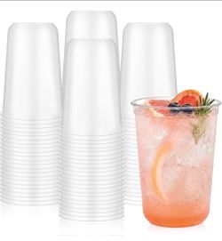 100 Pack 16oz Frosted Clear Plastic Cups, Disposable Round Bottom Drinking Cups Bulk for Party Wedding Birthday Events, Iced Coffee Cocktail Wine Smoo