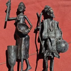 Pair of Male & Female Vintage West African Lost-Wax Bronze/ Brass Statues - 12" Tribal Figures Hand-Cast Metal Sculptures 