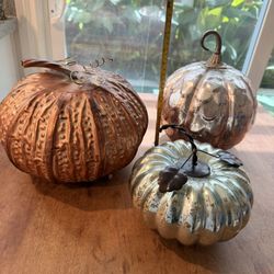 Glass (2) And Metal (1) Decorative Fall Pumpkins 
