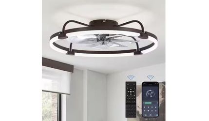 Hinnixy 24 in. Dimmable LED Indoor Brown Modern Flush Mount Low Profile Ceiling Fan