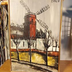 Original Framed Painting Of Windmill By B. Grun Steam Punk Feel