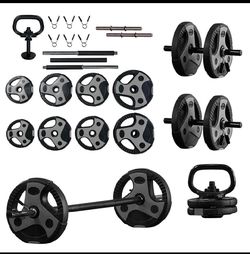 Like New US Weight 54lb. Weight Set W/ Barbell, Dumbbells & Kettlebell Handle