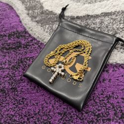 MICRO DIAMOND ANKH GOLD NECKLACE PENDANT & ROPE GOLD CHAIN