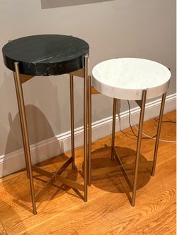 CB2 BLOCK MARBLE PEDESTAL TABLES, black and white nesting set