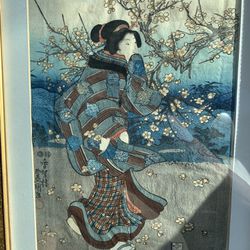 A Woman Viewing Plum Blossoms Toyokuni III Japanese Woodblock 