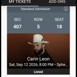 Carin leon 2 (Two)tickets las  Vegas 9.12