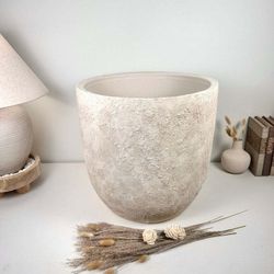 17" tall Minimalist Hand-Painted & Textured Planter Pot with Drainage Hole - cream sand wash