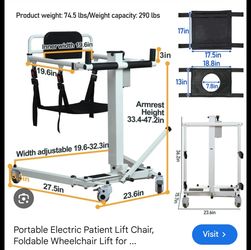Portable foldable electric chair lift, comes w extra battery and chargers, 2 replacement wheels. Last photo is stock photo to show measurements.
