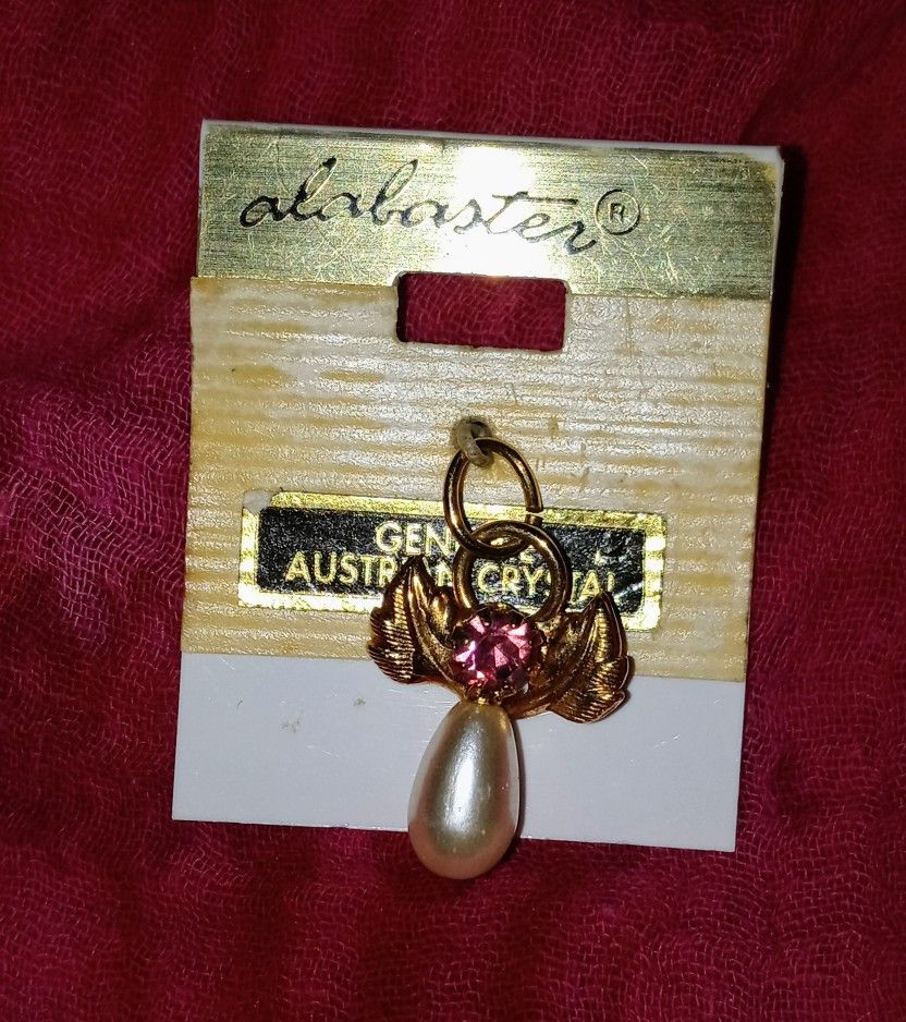 Vintage Genuine Austrian Crystal Guardian Angel Wings Faux Pearl Charm