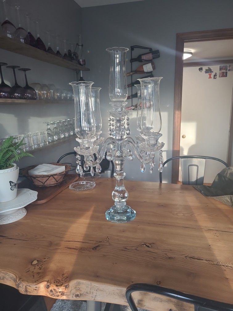 29" Clear 5 Arm Crystal Glass Candelabra Hurricane Taper Candle Holder