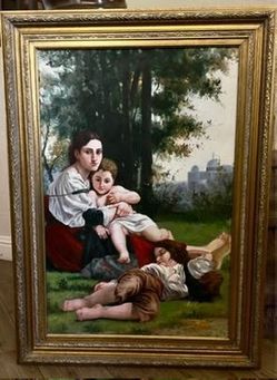 Classical Mother and Children Oil Painting in Ornate Gold Frame