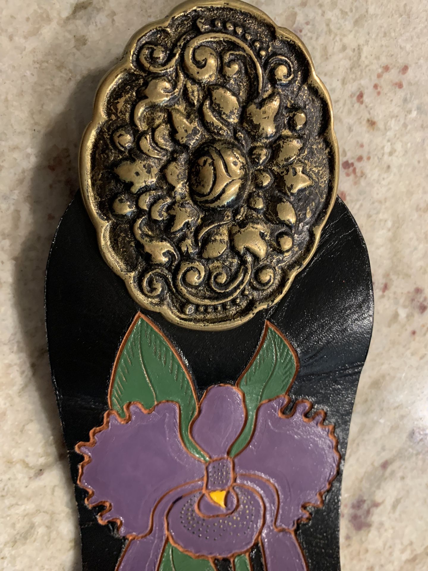 Woman’s Leather belt 35 inches , Handmade Buckle 3” By 2 &1/2”