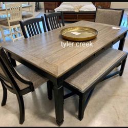 Brand New💯 Tyler Creek Black/ Gray  Dining Table , 4 Chairs , Bench Set 💥 6 Pc Dining Room Set 💥 $39 Down Payment ✅