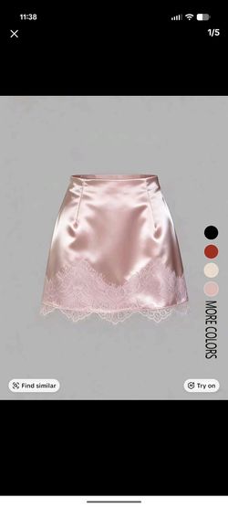 Pink Satin Mini Skirt with Lace Hem large
