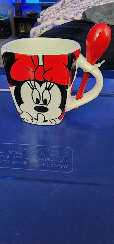 Mickey Minnie Mouse Shhh...I'm Taking Time Out! Ceramic Mug With Red Spoon