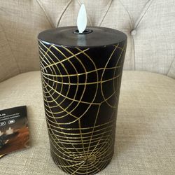 Luminara Spider Flameless LED Candle, Black & Gold 3" x 6.5", Moving Flame Pillar, Battery Operated Timer Real Wax Halloween Gothic Home Decor