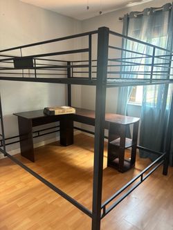 Black Metal Loft double Bed Frame with Desk