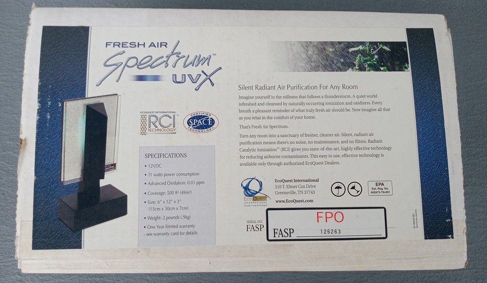 EcoQuest Fresh Air Spectrum UVX Silent UV Air Purifier NIB CLEAN AIR ...