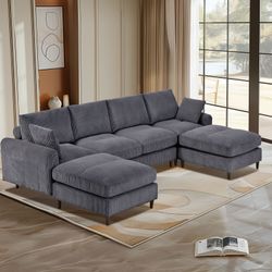 Modern corduroy modular section sofa, U-shaped convertible L-shaped sofa set with pillow, oversized sectional sofa with footstool, suitable for living