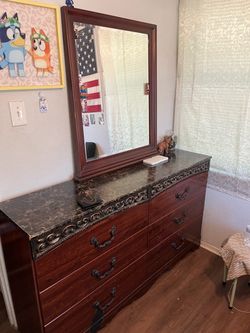Wood Dresser with Mirror and Marble Top