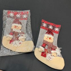 Set of 2 Plaid Fabric Christmas Stockings Snowman Gray Red Beige Decorative