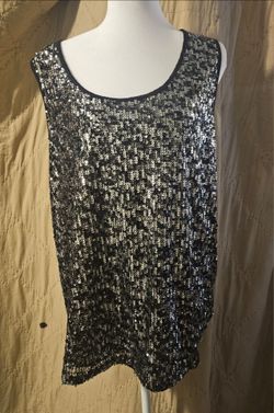 Women’s XL Black Silver Sequin Sleeveless Party Top Draped Back Sparkle