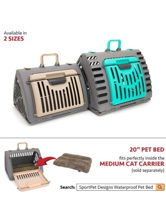 SportPet Designs Foldable Travel Cat Carrier - Front Door Plastic Collapsible Carrier, Gray and Tan, Medium