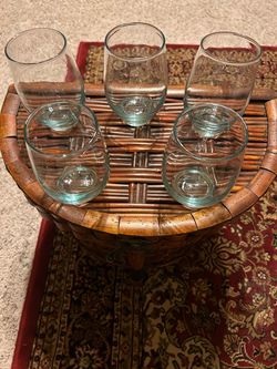 5 Vintage Libbey “Tempo” Aqua Blue Roly Poly Juice Glasses