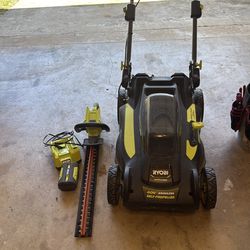 Ryoby Hedge cutter with battery and charger and lown mower no battery no charger and no bag