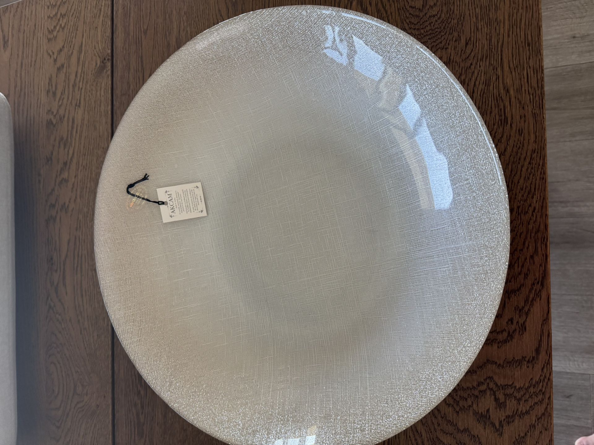 Brand New Akcam 16” Glass Glitter Charger Plate – White, Silver, Champagne with Gold Accents