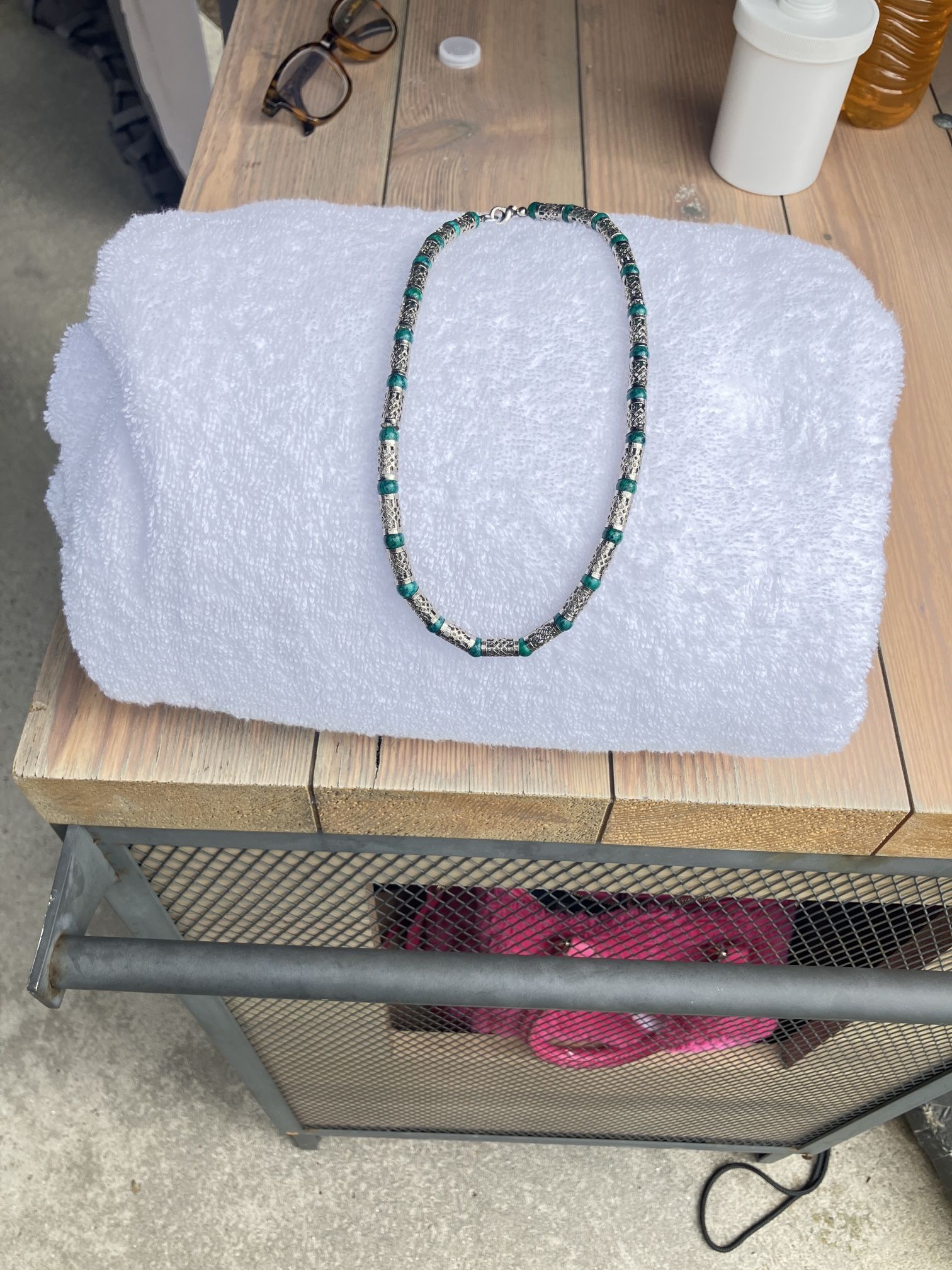Silver and green choker handmade