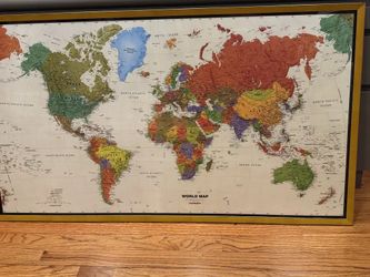 Large framed world map wall art in excellent condition - 51"x30"