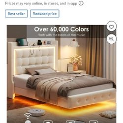 Homfa Twin Size Floating Bed Frame with RGB LED Lights Charging Station, Modern Velvet Upholstered Platform Bed Frame with Storage Headboard, Off-Whit