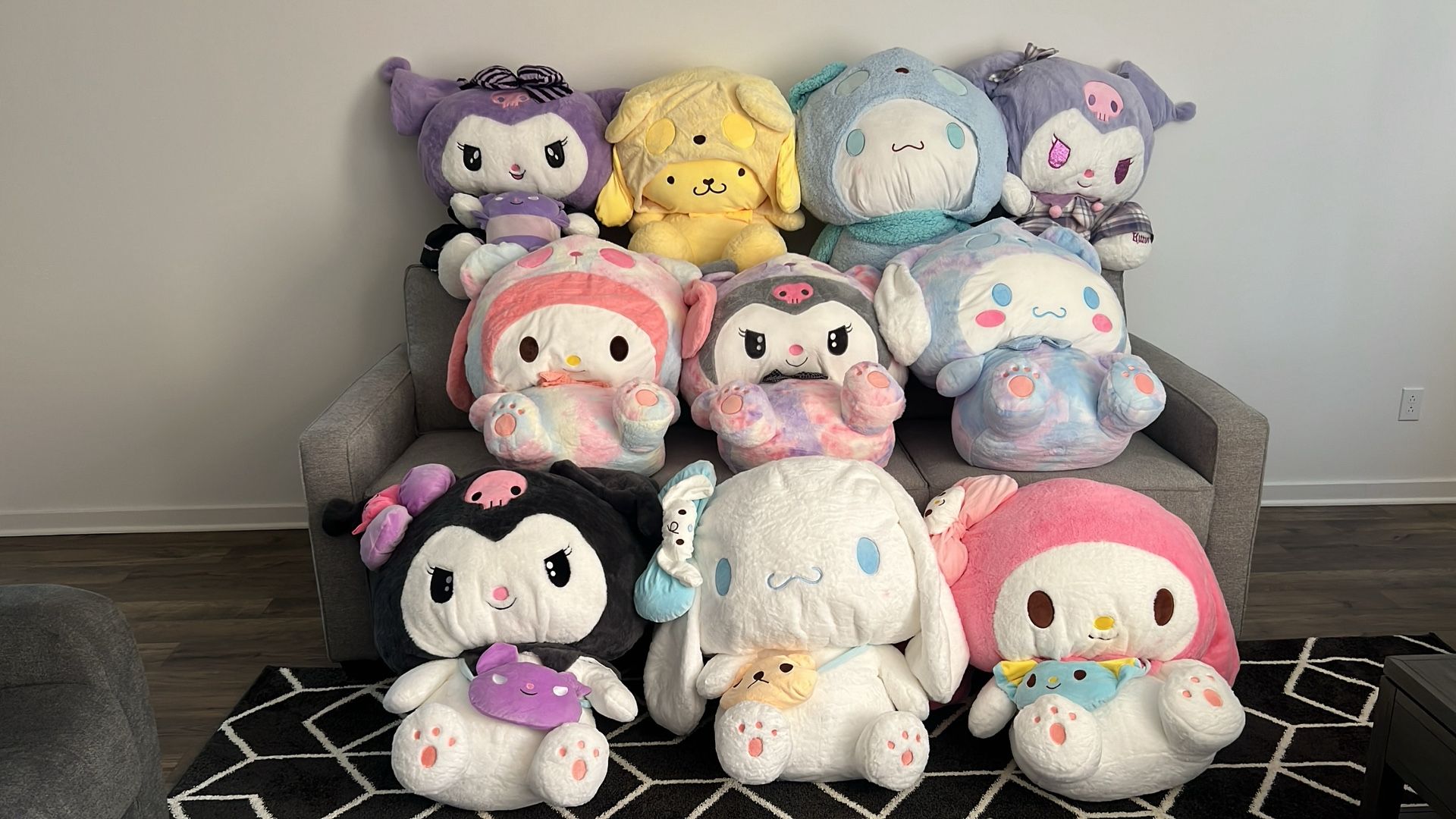 Kuromi, Cinnamoroll, My Melody, and Pompompurin Jumbo Plushies