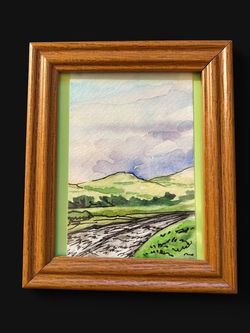 Small Landscape Water Painting with Wooden Frame