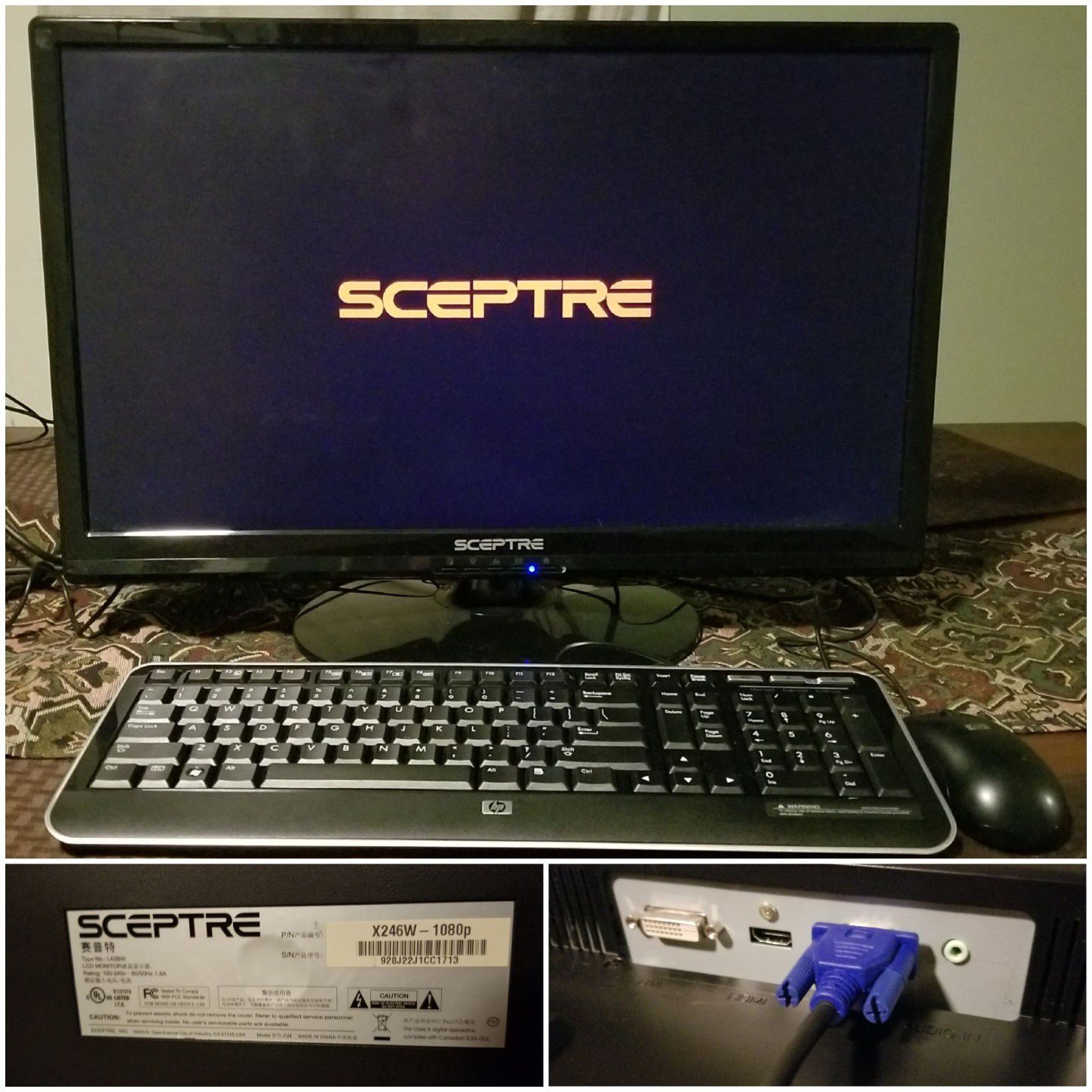 Sceptre X246W Computer monitor with HP Keyboard and HP Mouse