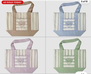 TRADER JOE'S MINI PASTEL STRIPE CANVAS TOTE BAGS SET Of 4 PINK BLUE GREEN BEIGE