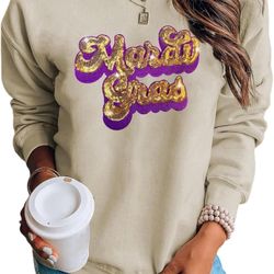 SELINK Womens Mardi Gras Sweatshirt Oversized Crewneck Sequin Long Sleeve Casual Pullover Tops  Brand new yours for $25.00