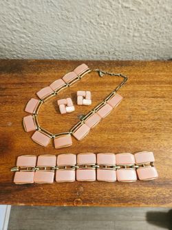 PENDING SALE 3pc. 1960's Pink Signed Lisner Thermoset Lucite Jewelry Set