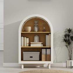 Assembled New Arched Small Bookcase with 3 Shelves White & Woodgrain Modern Storage Cabinet Wood Leg