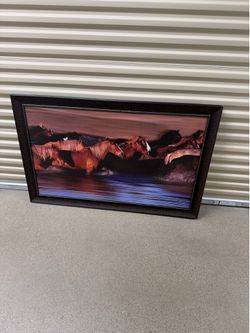 Brown horses,blue water framed wall art