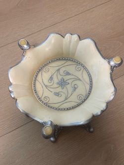 Ornate Pedestal Decorative Bowl with Silver Scrollwork. Two legs was a little broken (pic 5-6)