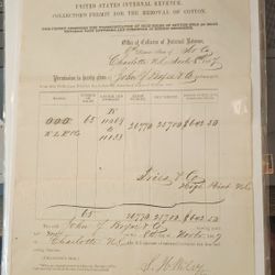 1867 US Internal Revenue Permit To Transport Cotton Re: Famous Confederate From Charlotte