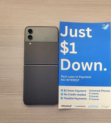 Samsung Galaxy Z Flip4 128gb Unlocked FREE Smartwach/ Headphones. Pay $1 Today Rest in payments. NO CREDIT NEEDED FINANCING