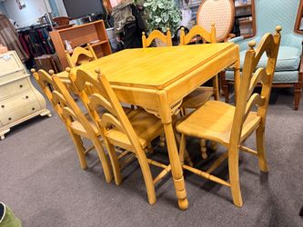 Yellow Vintage Wooden Dining Table w/ 6 Chairs,