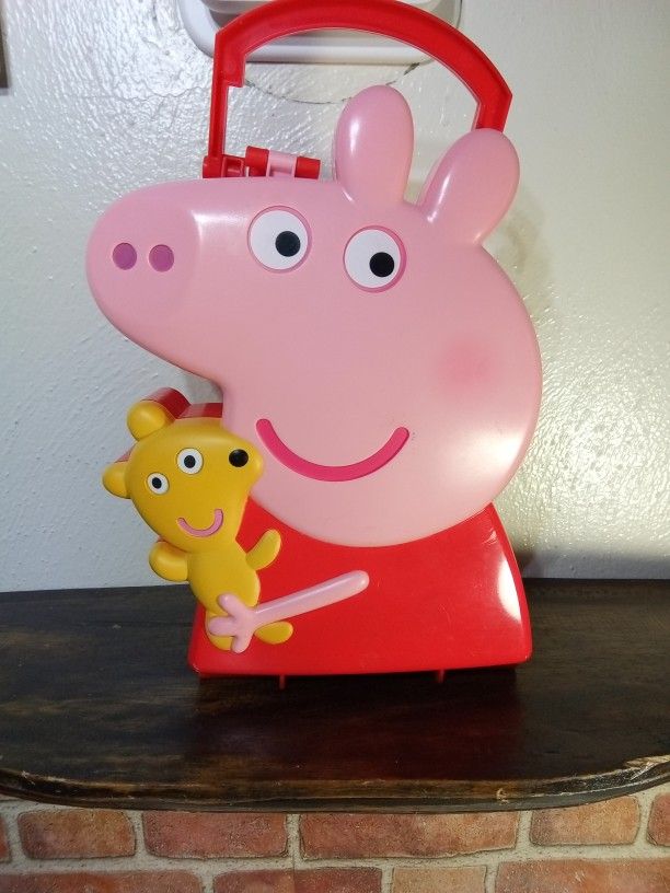 Vintage 2003 Peppa Pig & Yellow Teddy Carry Case Lunch Box Craft Storage Pencil Pens Markers