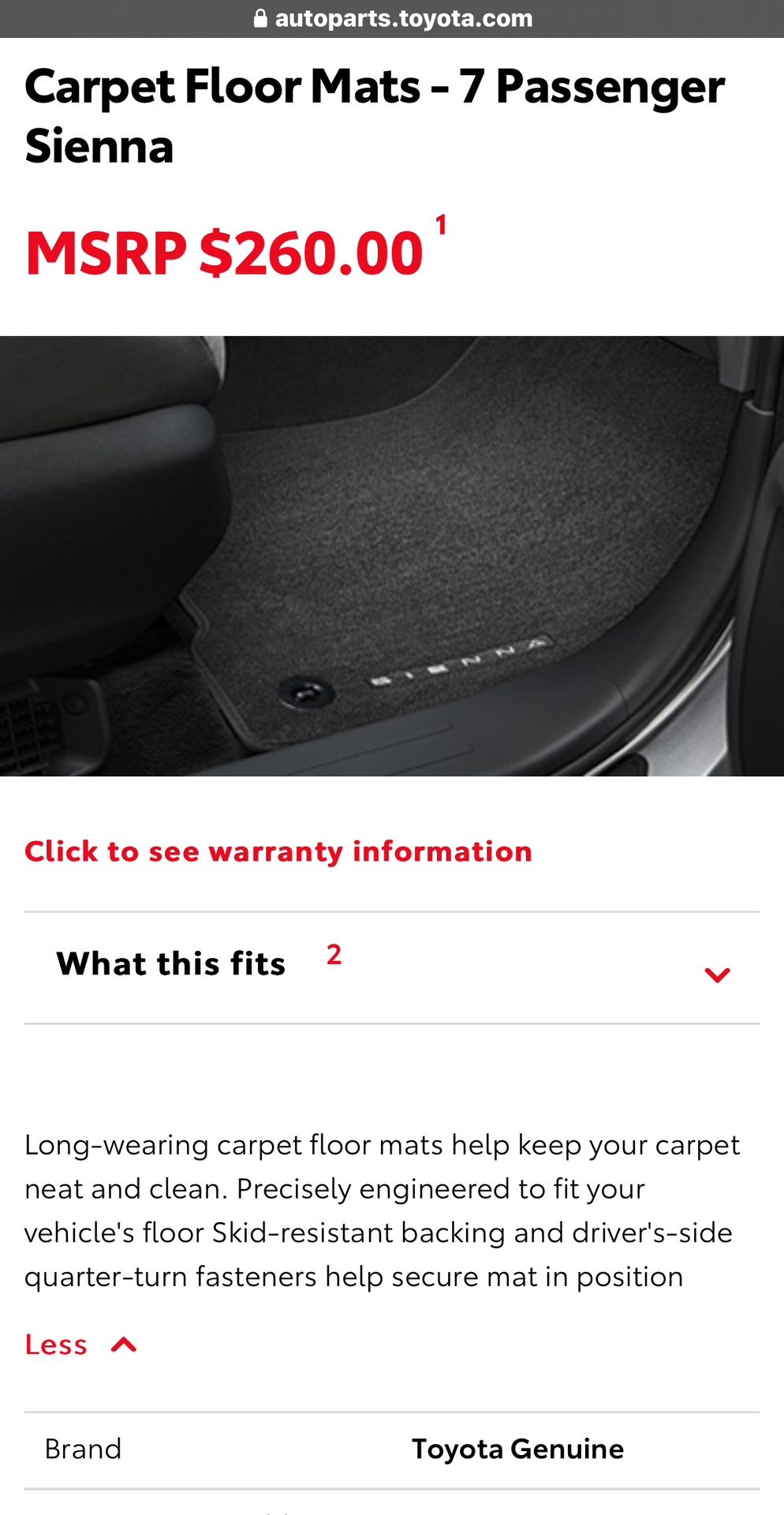 Sienna Carpet Floor Mats - 7 Passenger   OEM