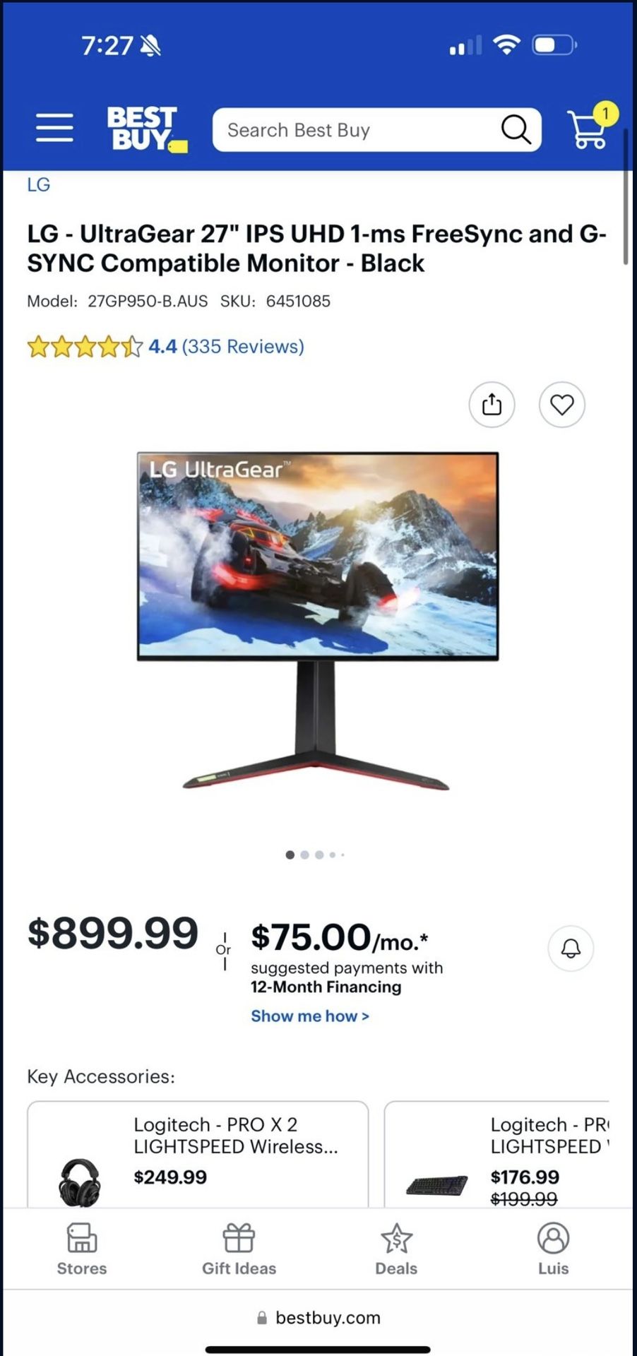 LG 27 Ultra Gear IPS 4K 165 HZ Gaming Monitor